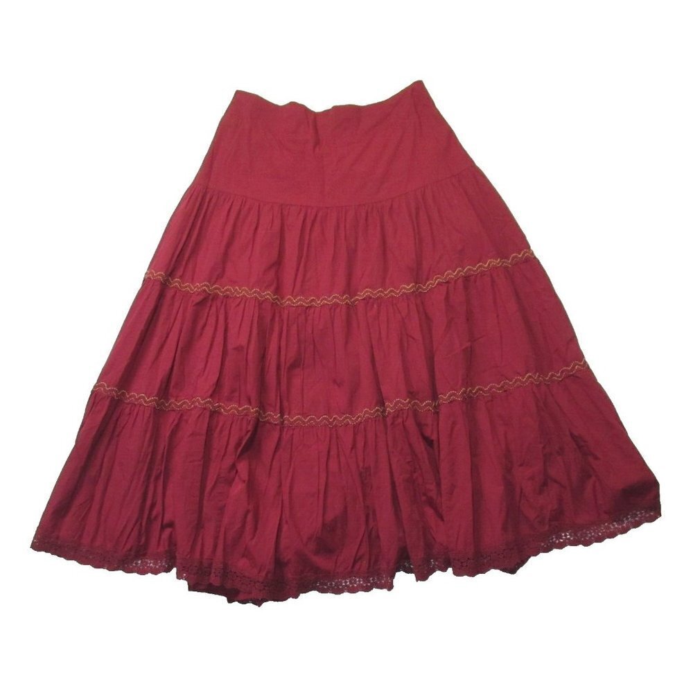 NWT Anthropologie Tiered Lace Maxi in Maroon Red Cotton Pull-on Skirt 1X - Picture 7 of 11